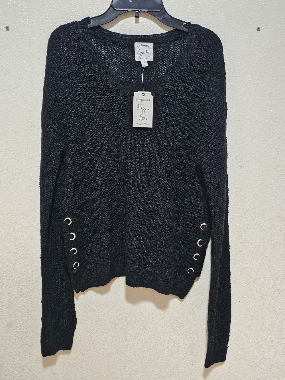 Hippie Rose Black Scoop Neck Knit Sweater with Eyelet Grommet Detail Size S